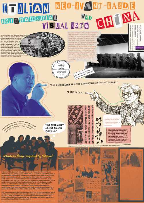 Poster on Italian Neo-Avant-Garde and Chinese visual arts, featuring Mao, historical photos, colourful text, and themes of intermediality, cultural exchange, and Maoist influence in art.