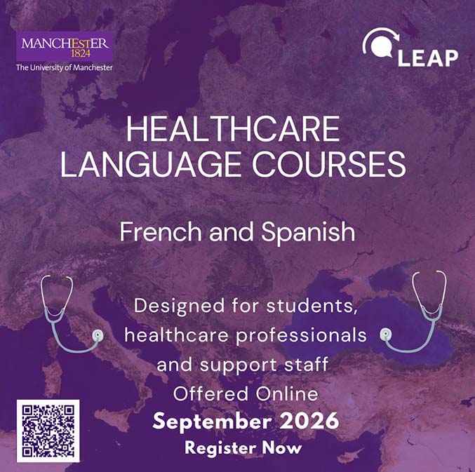 Promotional graphic for online healthcare language courses in Spanish and French, offered by the University of Manchester’s LEAP program, starting September 2026.